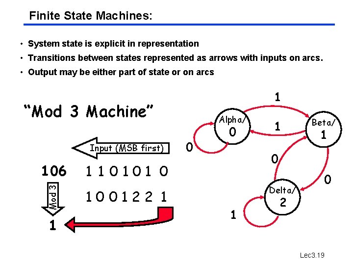 Finite State Machines: • System state is explicit in representation • Transitions between states Finite State Machines: • System state is explicit in representation • Transitions between states