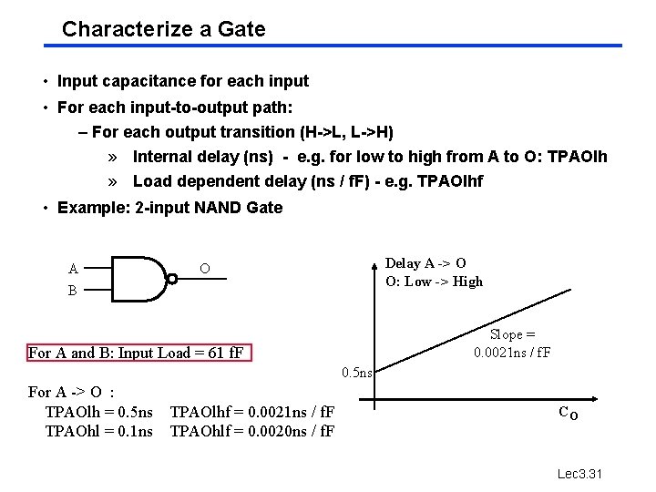 Characterize a Gate • Input capacitance for each input • For each input-to-output path: Characterize a Gate • Input capacitance for each input • For each input-to-output path: