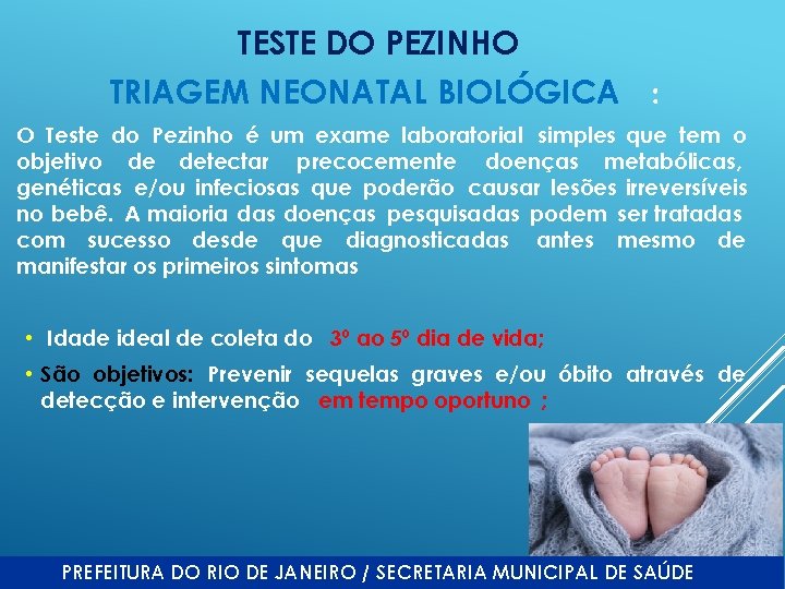 TESTE DO PEZINHO TRIAGEM NEONATAL BIOLÓGICA : O Teste do Pezinho é um exame