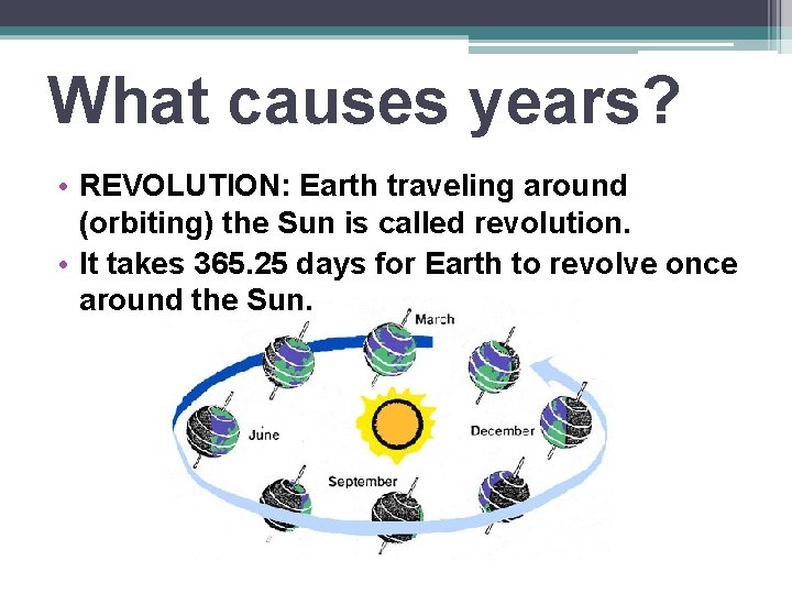 What causes years? • REVOLUTION: Earth traveling around (orbiting) the Sun is called revolution.