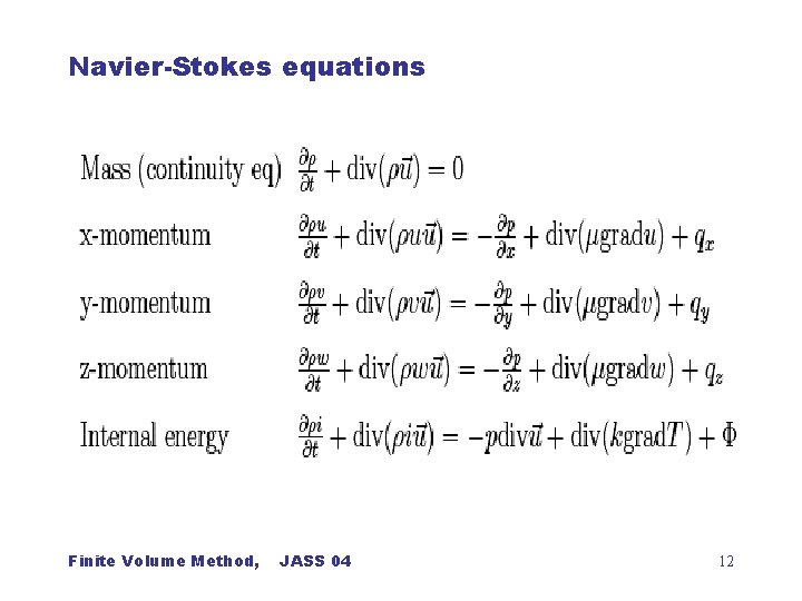 Navier-Stokes equations Finite Volume Method, JASS 04 12 