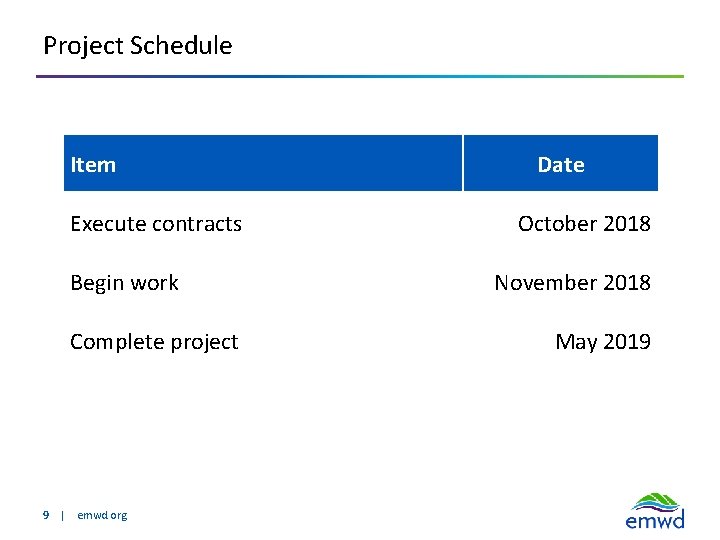 Project Schedule Item Execute contracts Begin work Complete project 9 | emwd. org Date Project Schedule Item Execute contracts Begin work Complete project 9 | emwd. org Date