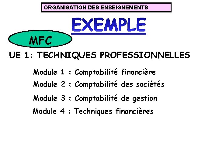 ORGANISATION DES ENSEIGNEMENTS MFC UE 1: TECHNIQUES PROFESSIONNELLES Module 1 : Comptabilité financière Module