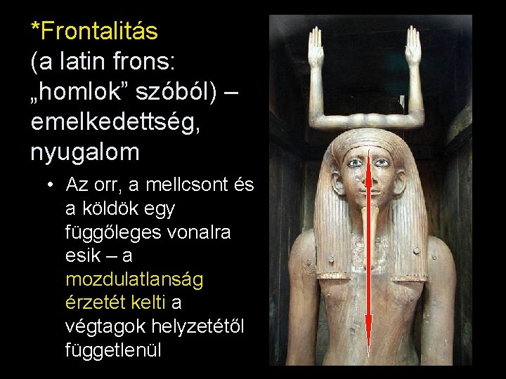 *Frontalitás (a latin frons: „homlok” szóból) – emelkedettség, nyugalom • Az orr, a mellcsont