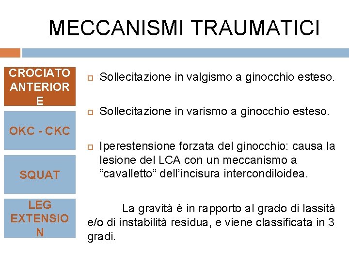 MECCANISMI TRAUMATICI CROCIATO ANTERIOR E Sollecitazione in valgismo a ginocchio esteso. Sollecitazione in varismo