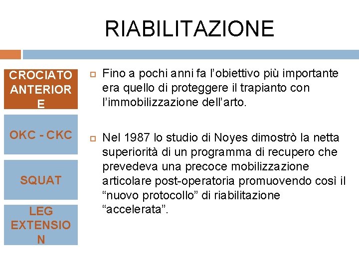 RIABILITAZIONE CROCIATO ANTERIOR E OKC - CKC SQUAT LEG EXTENSIO N Fino a pochi