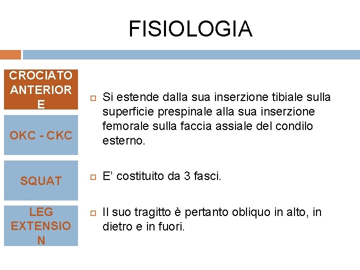 FISIOLOGIA CROCIATO ANTERIOR E OKC - CKC SQUAT LEG EXTENSIO N Si estende dalla
