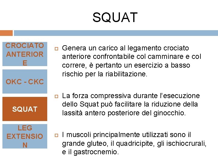 SQUAT CROCIATO ANTERIOR E OKC - CKC SQUAT LEG EXTENSIO N Genera un carico