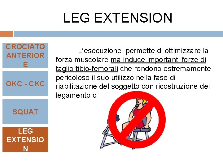 LEG EXTENSION CROCIATO ANTERIOR E OKC - CKC SQUAT LEG EXTENSIO N L’esecuzione permette