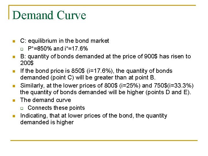 Demand Curve C: equilibrium in the bond market P*=850% and i*=17. 6% B: quantity