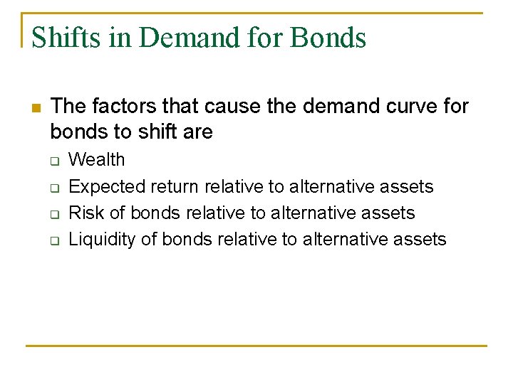 Shifts in Demand for Bonds The factors that cause the demand curve for bonds