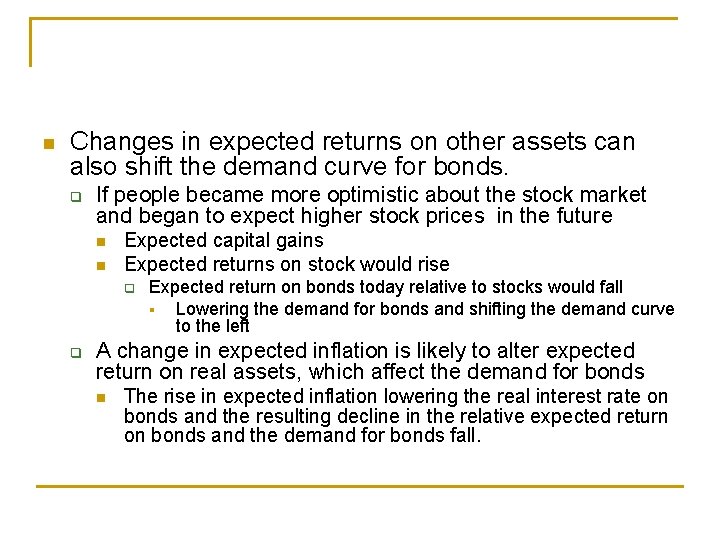 Changes in expected returns on other assets can also shift the demand curve Changes in expected returns on other assets can also shift the demand curve
