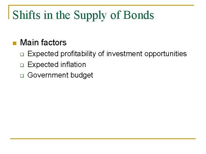 Shifts in the Supply of Bonds Main factors Expected profitability of investment opportunities Expected