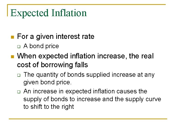 Expected Inflation For a given interest rate A bond price When expected inflation increase, Expected Inflation For a given interest rate A bond price When expected inflation increase,