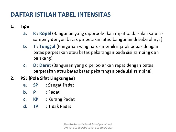 DAFTAR ISTILAH TABEL INTENSITAS 1. 2. Tipe a. K : Kopel (Bangunan yang diperbolehkan