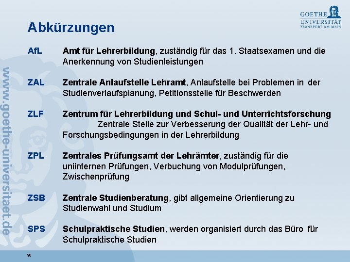 Abkürzungen Af. L Amt für Lehrerbildung, zuständig für das 1. Staatsexamen und die Anerkennung