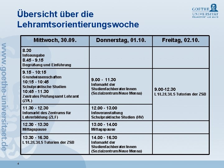 Übersicht über die Lehramtsorientierungswoche Mittwoch, 30. 09. Donnerstag, 01. 10. Freitag, 02. 10. 8.