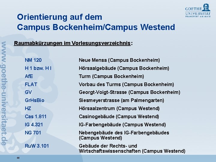 Orientierung auf dem Campus Bockenheim/Campus Westend Raumabkürzungen im Vorlesungsverzeichnis: 44 NM 120 Neue Mensa