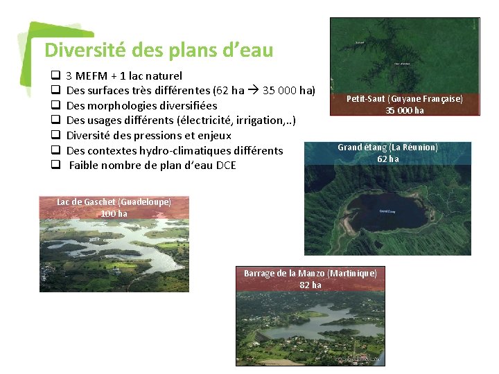 Diversité des plans d’eau q q q q 3 MEFM + 1 lac naturel