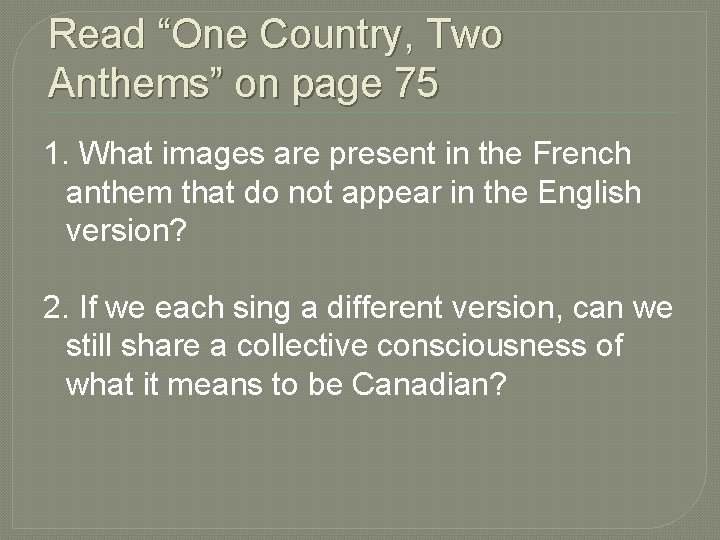 Read “One Country, Two Anthems” on page 75 1. What images are present in Read “One Country, Two Anthems” on page 75 1. What images are present in