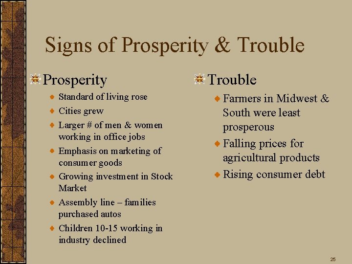 Signs of Prosperity & Trouble Prosperity Standard of living rose Cities grew Larger #