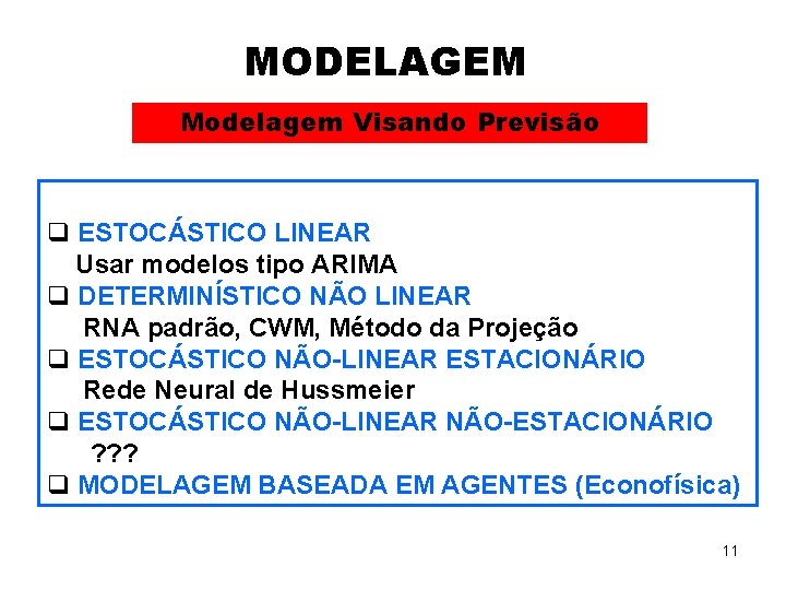 MODELAGEM Modelagem Visando Previsão q ESTOCÁSTICO LINEAR Usar modelos tipo ARIMA q DETERMINÍSTICO NÃO