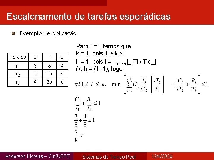 Escalonamento de tarefas esporádicas Exemplo de Aplicação Tarefas Ci Ti Bi τ1 3 8