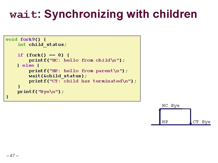 wait: Synchronizing with children void fork 9() { int child_status; } if (fork() ==