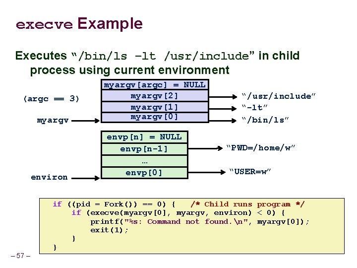 execve Example Executes “/bin/ls –lt /usr/include” in child process using current environment (argc ==