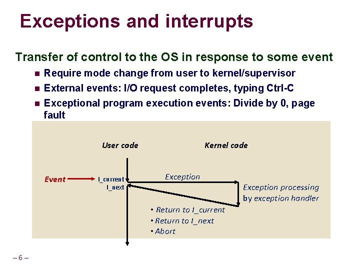 Exceptions and interrupts Transfer of control to the OS in response to some event