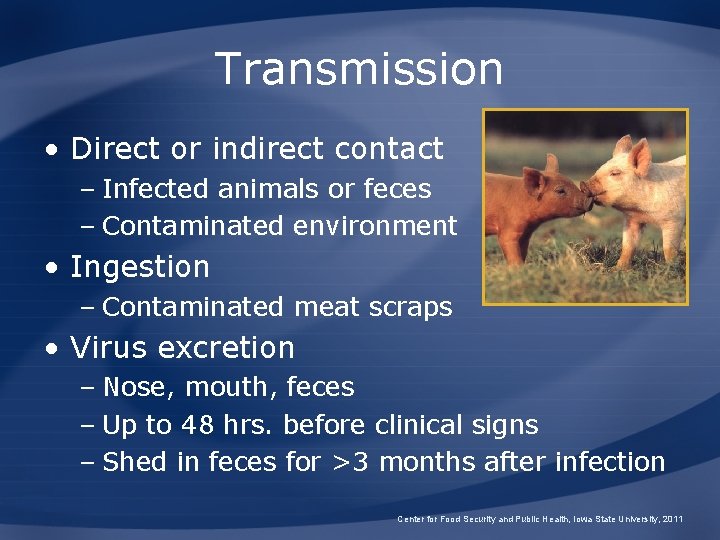 Transmission • Direct or indirect contact – Infected animals or feces – Contaminated environment