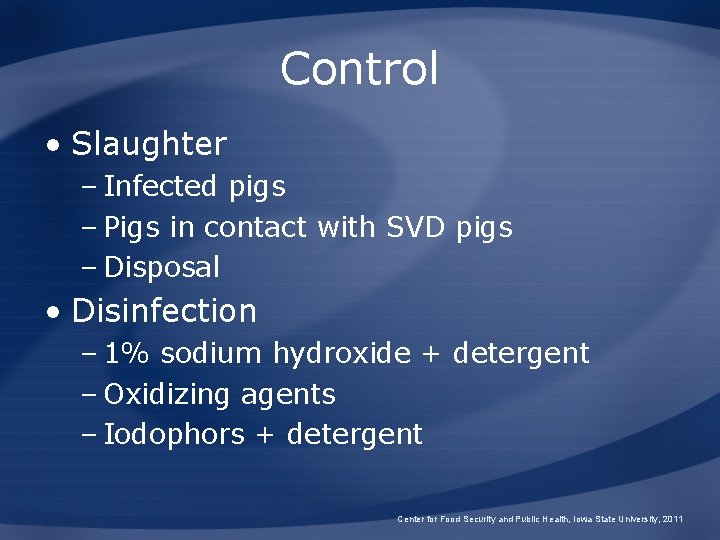 Control • Slaughter – Infected pigs – Pigs in contact with SVD pigs –