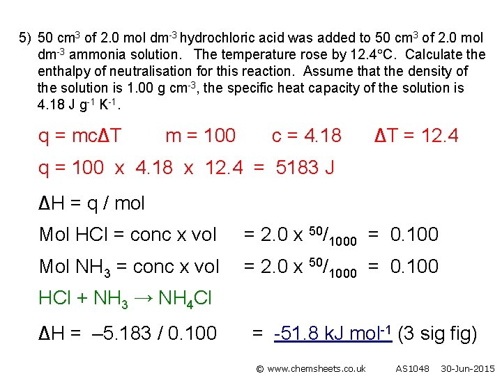 5) 50 cm 3 of 2. 0 mol dm-3 hydrochloric acid was added to