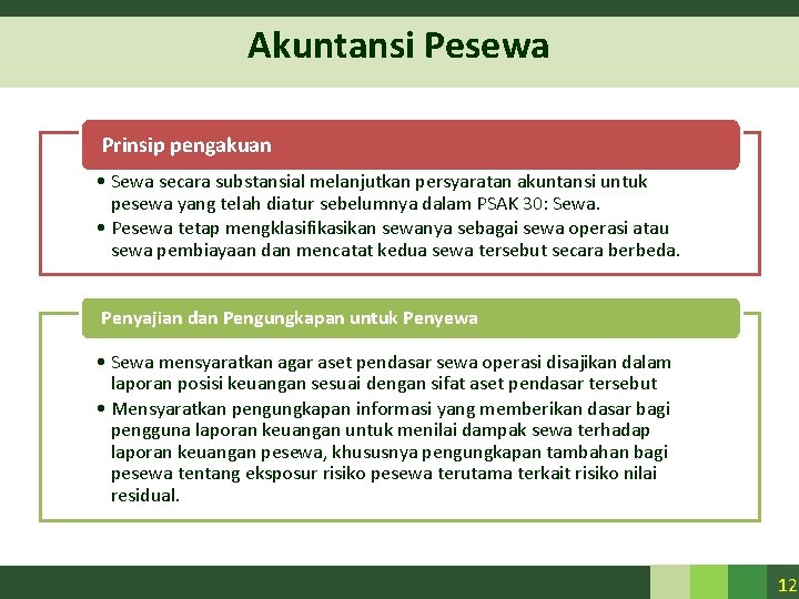 Akuntansi Pesewa Prinsip pengakuan • Sewa secara substansial melanjutkan persyaratan akuntansi untuk pesewa yang