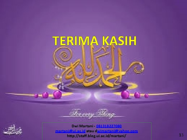 TERIMA KASIH Dwi Martani - 081318227080 martani@ui. ac. id atau dwimartani@yahoo. com http: //staff.