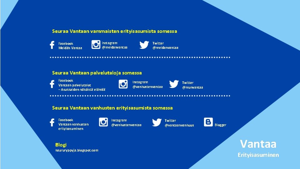 Seuraa Vantaan vammaisten erityisasumista somessa Facebook Meidän Vantaa Instagram @meidanvantaa Twitter @meidanvantaa Seuraa Vantaan