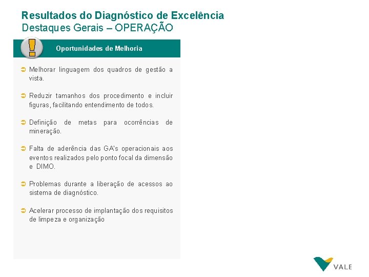 Resultados do Diagnóstico de Excelência Destaques Gerais – OPERAÇÃO Oportunidades de Melhoria Ü Melhorar Resultados do Diagnóstico de Excelência Destaques Gerais – OPERAÇÃO Oportunidades de Melhoria Ü Melhorar