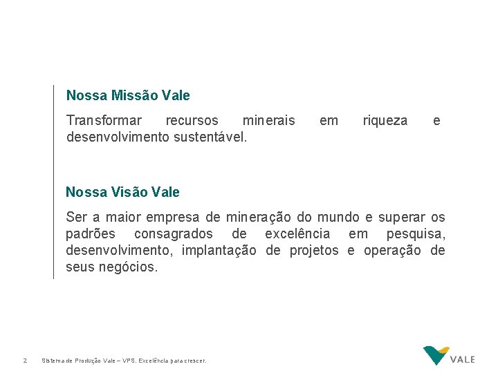 Nossa Missão Vale Transformar recursos minerais desenvolvimento sustentável. em riqueza e Nossa Visão Vale Nossa Missão Vale Transformar recursos minerais desenvolvimento sustentável. em riqueza e Nossa Visão Vale
