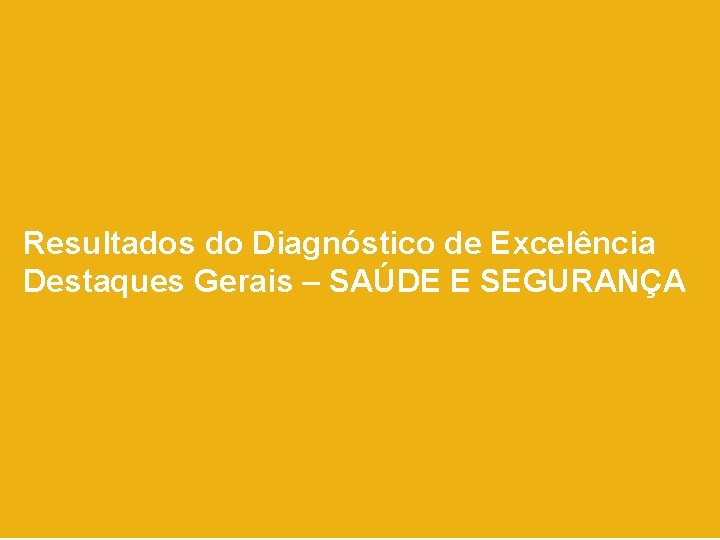 Resultados do Diagnóstico de Excelência Destaques Gerais – SAÚDE E SEGURANÇA Resultados do Diagnóstico de Excelência Destaques Gerais – SAÚDE E SEGURANÇA