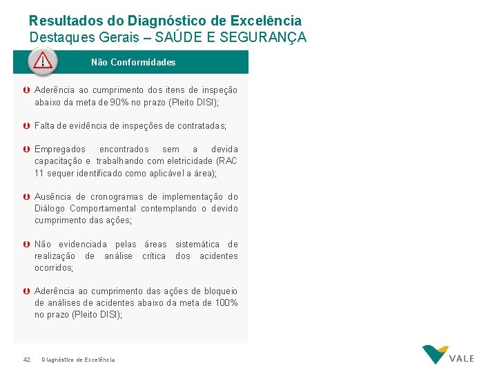 Resultados do Diagnóstico de Excelência Destaques Gerais – SAÚDE E SEGURANÇA Não Conformidades Þ Resultados do Diagnóstico de Excelência Destaques Gerais – SAÚDE E SEGURANÇA Não Conformidades Þ
