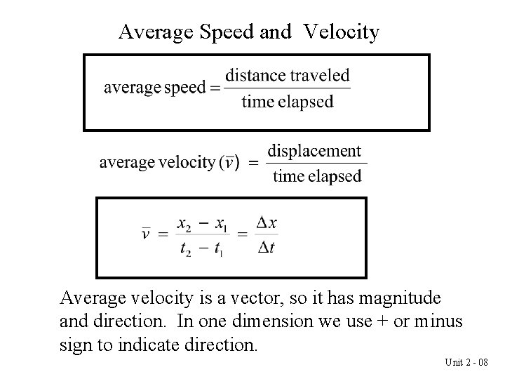 Average Speed and Velocity Average velocity is a vector, so it has magnitude and