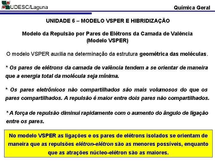 Química Geral UNIDADE 6 – MODELO VSPER E HIBRIDIZAÇÃO Modelo da Repulsão por Pares
