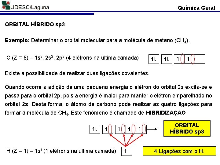 Química Geral ORBITAL HÍBRIDO sp 3 Exemplo: Determinar o orbital molecular para a molécula