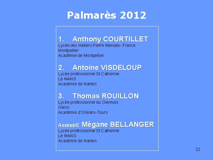 Palmarès 2012 1. Anthony COURTILLET 2. Antoine VISDELOUP 3. Thomas ROUILLON Lycée des métiers