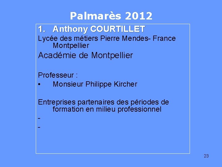 Palmarès 2012 1. Anthony COURTILLET Lycée des métiers Pierre Mendes- France Montpellier Académie de