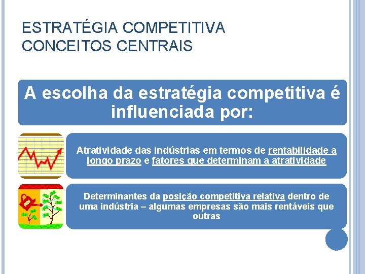 ESTRATÉGIA COMPETITIVA CONCEITOS CENTRAIS A escolha da estratégia competitiva é influenciada por: Atratividade das