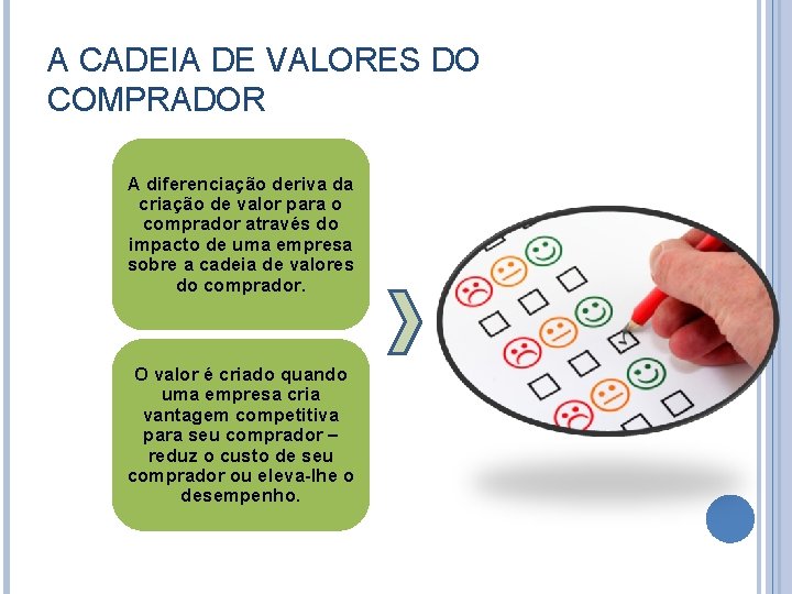 A CADEIA DE VALORES DO COMPRADOR A diferenciação deriva da criação de valor para