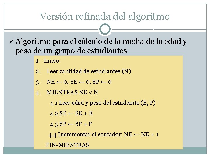 Versión refinada del algoritmo ü Algoritmo para el cálculo de la media de la