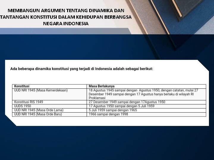 MEMBANGUN ARGUMEN TENTANG DINAMIKA DAN TANTANGAN KONSTITUSI DALAM KEHIDUPAN BERBANGSA NEGARA INDONESIA 