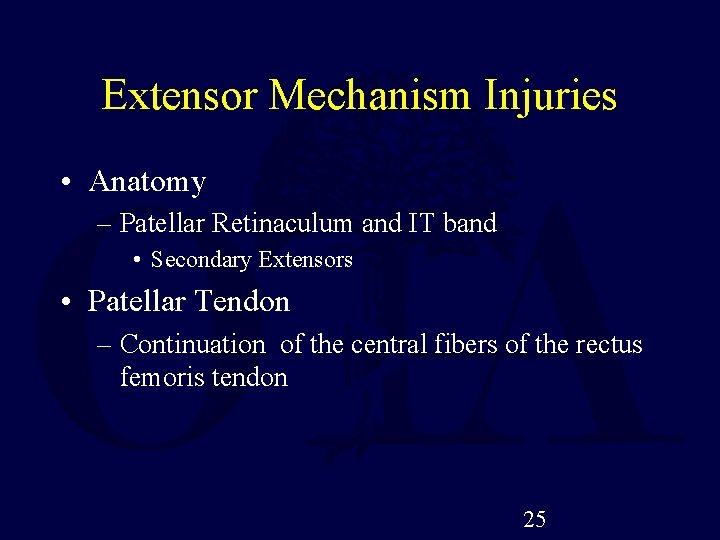 Extensor Mechanism Injuries • Anatomy – Patellar Retinaculum and IT band • Secondary Extensors